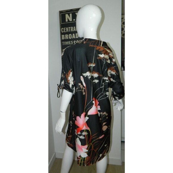 Jinny Jin Dress Black Vintage Flowers Mumu Tie Arms Size Medium - Picture 2 of 9